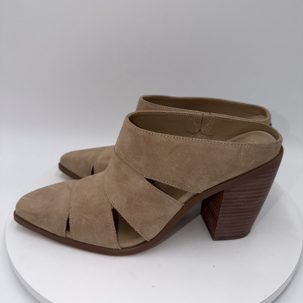 Vince Camuto Aimie Tan Suede Slip On Block Heels Mules Women's Size 8.5‎